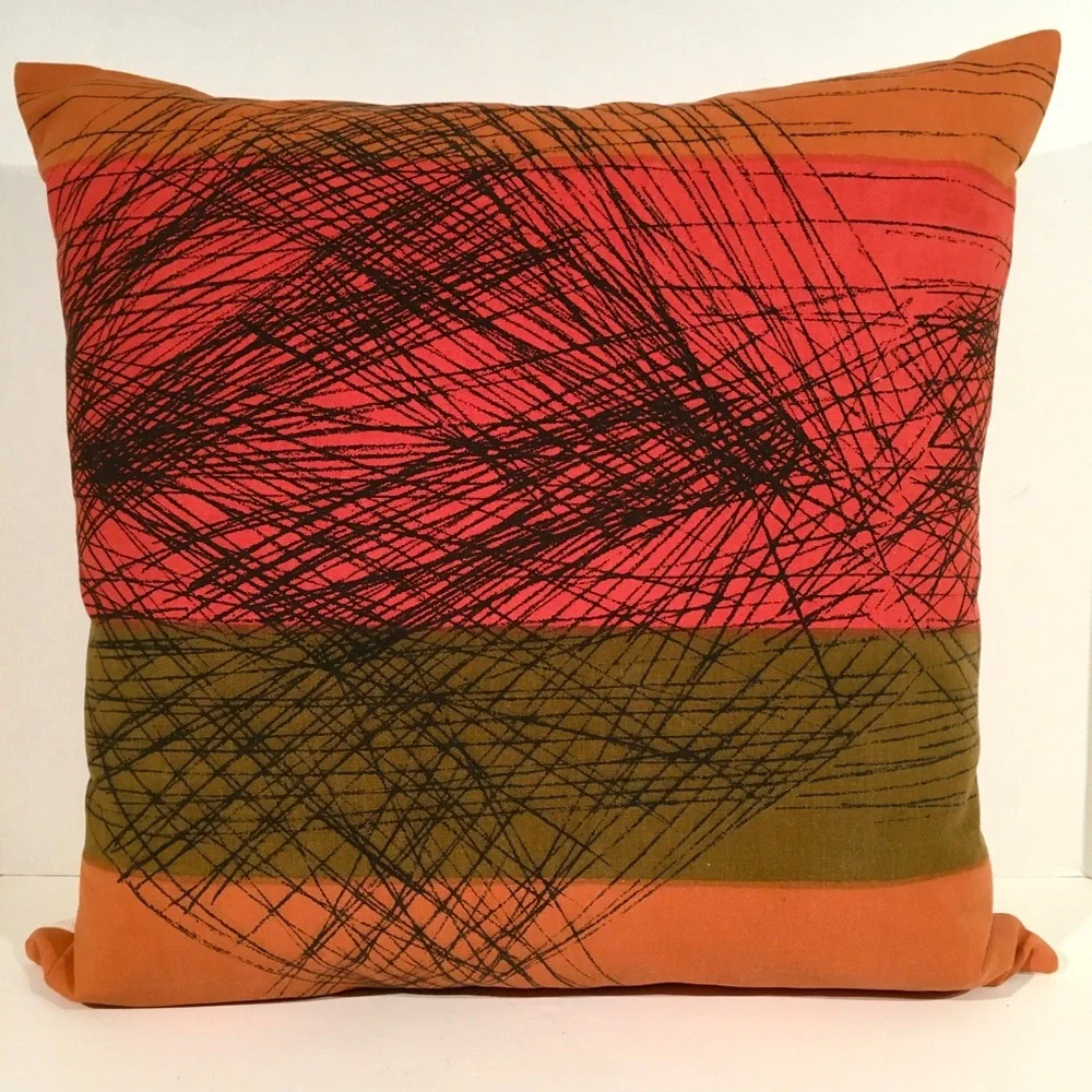 1970’s Red/orange/Olive Abstract Fabric Pillow w Down/Feather Insert
